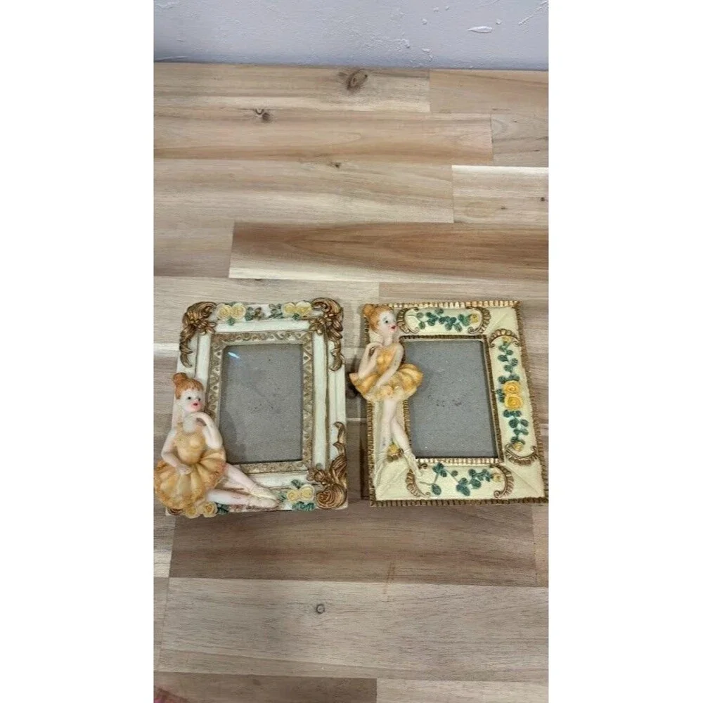 2 Yellow Rose Gold Accent Ballerina Vintage Stand Picture Frames 4 1/4